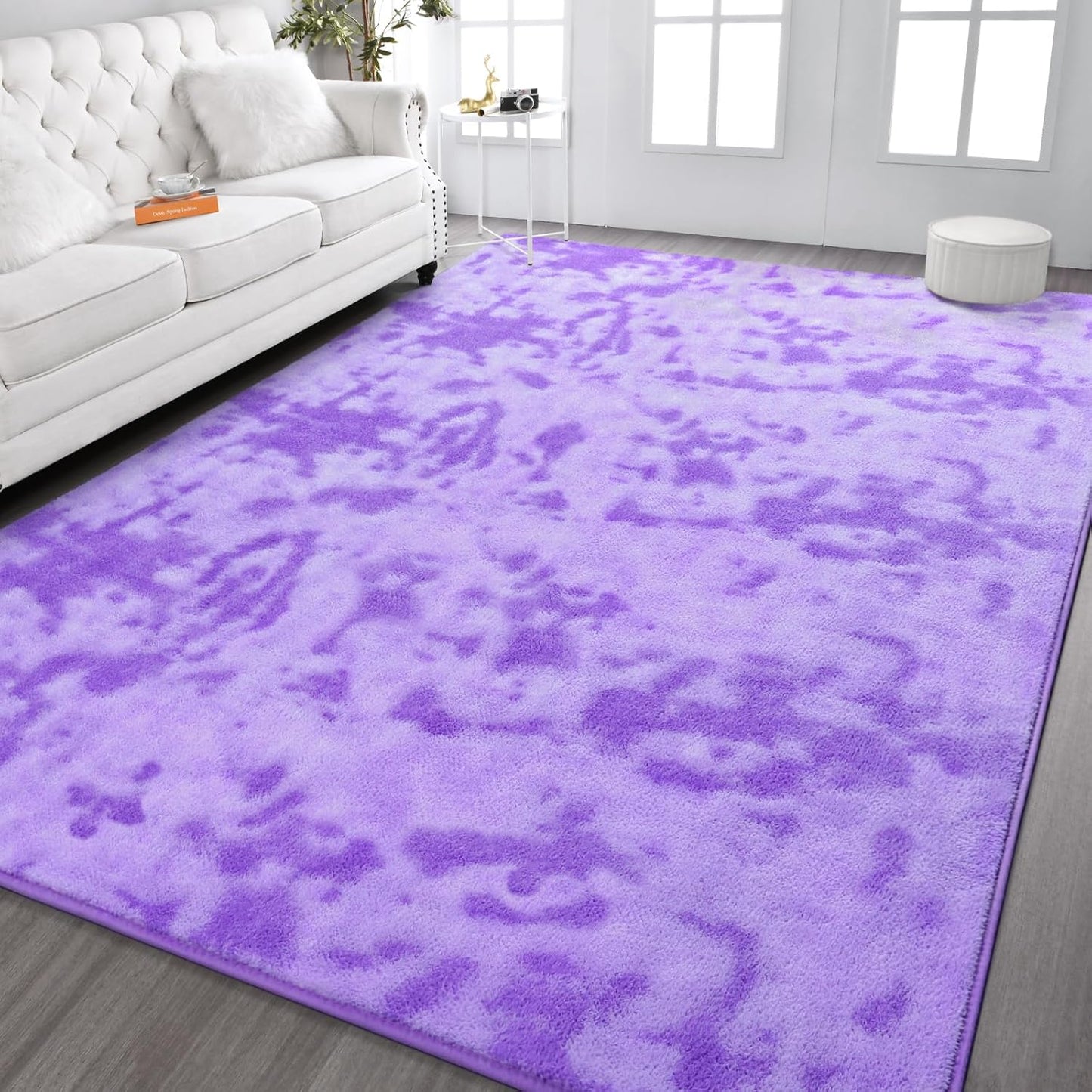 Kimicole 7x10 Washable Area Rugs for Living Room Bedroom, Large Low Pile Ulta-Thin Solid Color Rug, Non-Slip Soft Fluffy Carpet for Nursery Kids Room Dorm Room Home Decor (Purple)