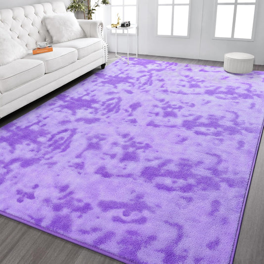 Kimicole 7x10 Washable Area Rugs for Living Room Bedroom, Large Low Pile Ulta-Thin Solid Color Rug, Non-Slip Soft Fluffy Carpet for Nursery Kids Room Dorm Room Home Decor (Purple)