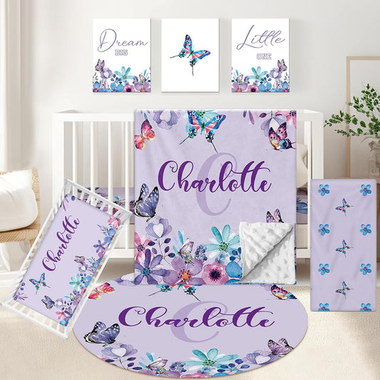 Personalized 5-Piece Crib Set, Custom Bedding With Name for Girls, Purple Butterfly Nursery Set, Gifts for Infants, Toddlers, New Parents