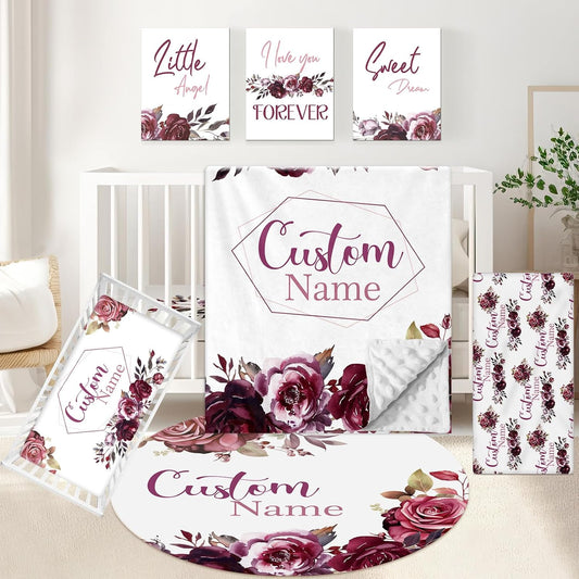 Personalized Crib Bedding Set for Girls, 5 Pcs Nursery Bedding Crib Sets, Soft Custom Flowers Baby Crib Set with Name, Double Layer Baby Bedding Set Customized Gifts for Infants Toddlers Kids