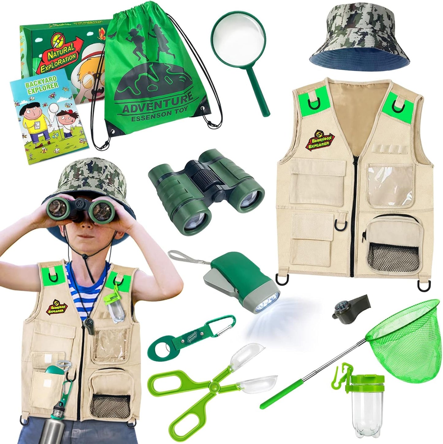 ESSENSON Outdoor Explorer Kit & Bug Catcher Kit with Vest, Outdoor Toy Gift for 3 4 5 6 7 8+ Year Old Boys Girls Kids Binoculars, Magnifying Glass, Butterfly Net, Camping, Adventure
