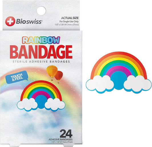 BioSwiss Bandages, Rainbow Shaped Self Adhesive Bandage, Latex Free Sterile Wound Care, Fun First Aid Kit Supplies for Kids, 24 Count