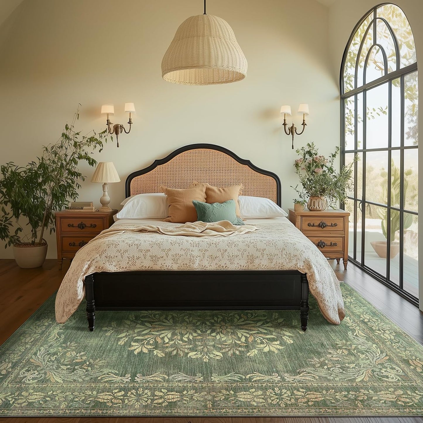 jinchan Floral 6x9 Green Area Rugs for Living Room - Machine Washable Vintage Distressed Design Soft Throw Rug Non-Slip Large Carpet for Bedroom Dining Room Home Office Nursery (6x9ft,Dark Green)