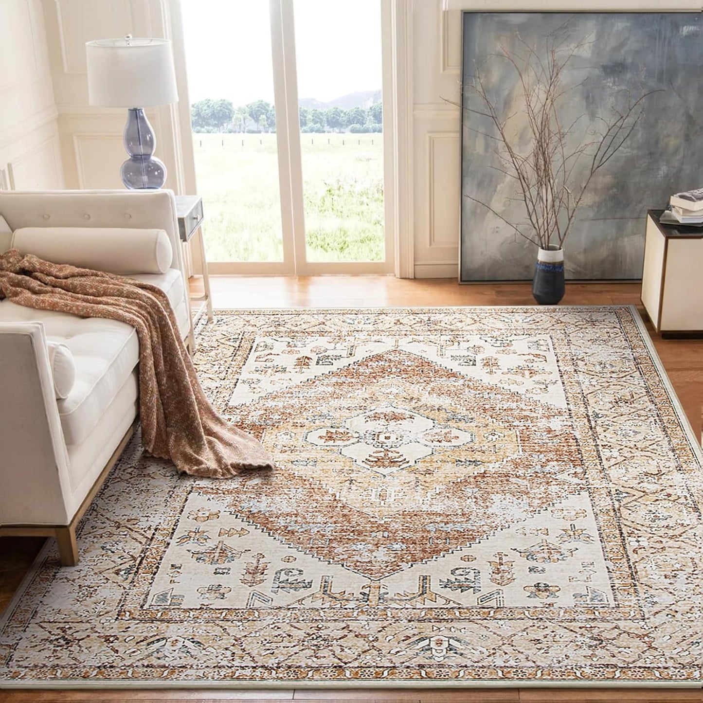 Lahome 5x7 Boho Machine Washable Area Rug (Non-Slip Lightweight Low-Pile)(Oriental Distressed Print for Living,Bedroom,Office)