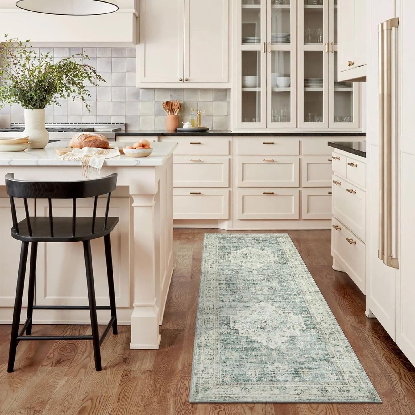 LIVEBOX Washable 2x6 Runner Rug for Bathroom, Non Slip Kitchen Mats for Floor Entryway, Boho Indoor Front Door Mat Low-Pile Runners for Hallways, Farmhouse Rugs for Laundry, Sage Green