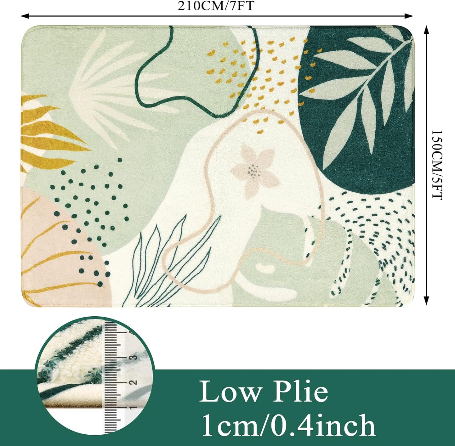 Lahome Green Botanical Print Washable Rugs - 5x7 Area Rugs for Living Room Boho Throw Large Bedroom Kitchen Rug Non-Slip Low-Plie Entryway Rug Floor Mat Carpet for Dining Laundry Room Office Rug