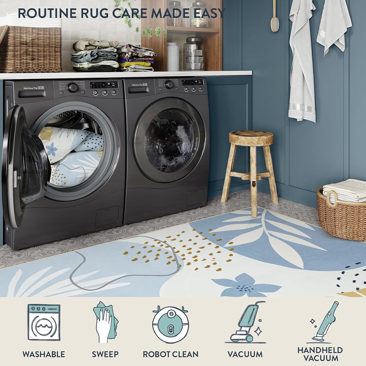 Lahome Boho Machine Washable 6x9 Area Rug for Living Room - Non-Slip Ultra-Thin Soft Bedroom Carpet, Botanical Print Indoor Rugs for Dining Room Classroom Nursery Office, Blue