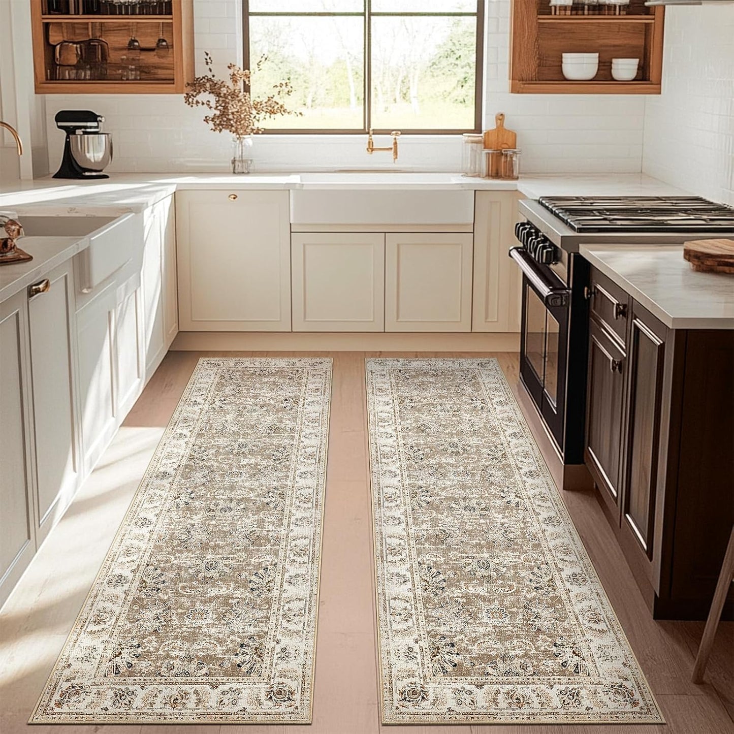 jinchan Runner Rug 3x10-2pcs Kitchen Washable Vintage Hallway Rug Floral Print Floor Cover Indoor Thin Retro Mat Accent for Bathroom Laundry Room Bedroom Office Farmhouse (Double,Taupe)