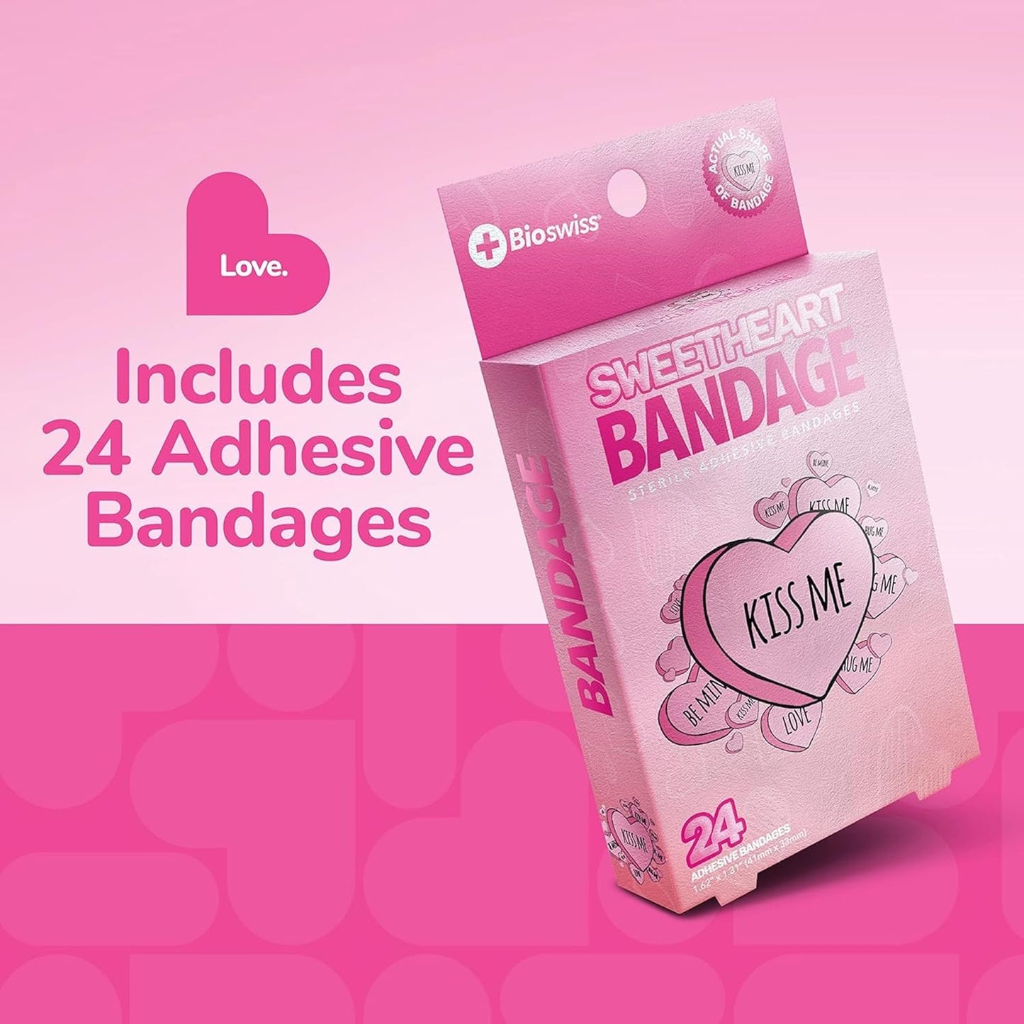BioSwiss Bandages, Valentine Valentine Heart Shaped Self Adhesive Bandage, Latex Free Sterile Wound Care, Fun First Aid Kit Supplies for Kids, 24 Count