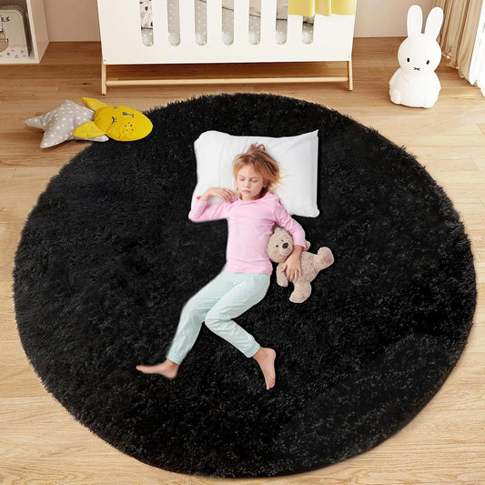 4FT Round Rug for Bedroom: Fluffy Shag Soft Washable Rugs Circle Small Fuzzy Plush Indoor Carpet for Living Room Nursery Playroom Dorm Kids Girls Boys Room (Black, 4'x4')