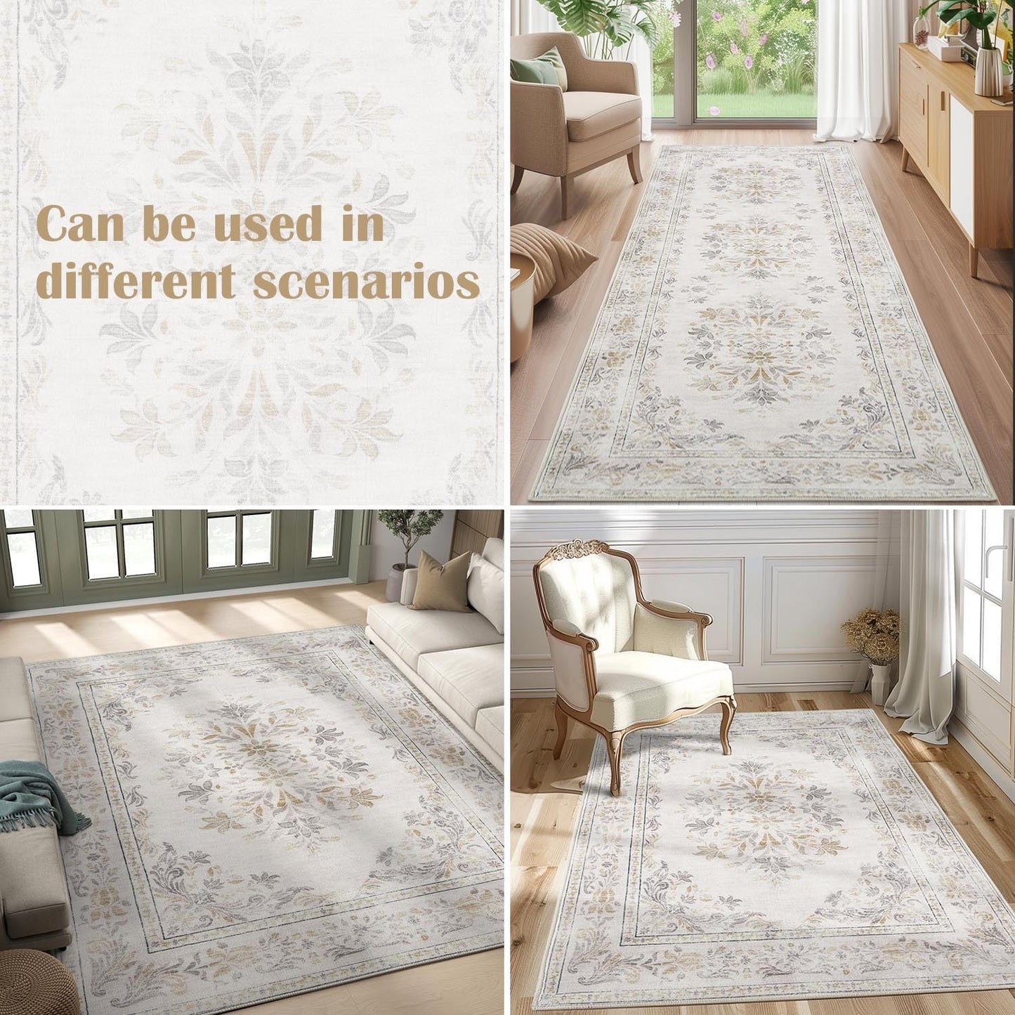 jinchan Vintage Floral Runner Rug 2x5 - Machine Washable Distressed Design Non-Slip Low-Pile Soft Thin Carpet for Hallway Kitchen Farmhouse Bedroom Entryway Laundry Room (2x5ft,Light Grey)