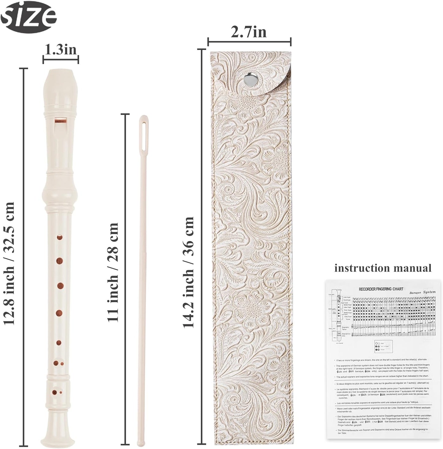Recorder Instrument for Beginner Adults,8-Hole Soprano Descant Recorder Music Flute with with Cleaning Rod & Leather Case For Home Entertainment(3-Carved White)