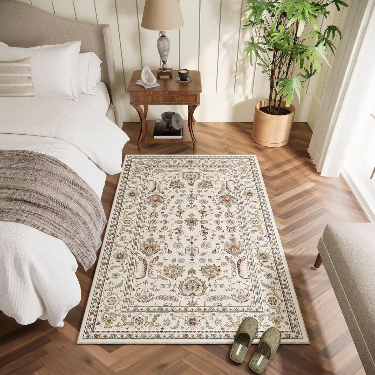 Washable 3x5 Entryway Rug Indoor, Boho Non-Slip Silicone Backing Small Rugs for Kitchen Nursery Office Bedroom, 0.3" Neutral Oriental Throw Carpet with 0.16" Cushioning Pad, Light Beige/Multi
