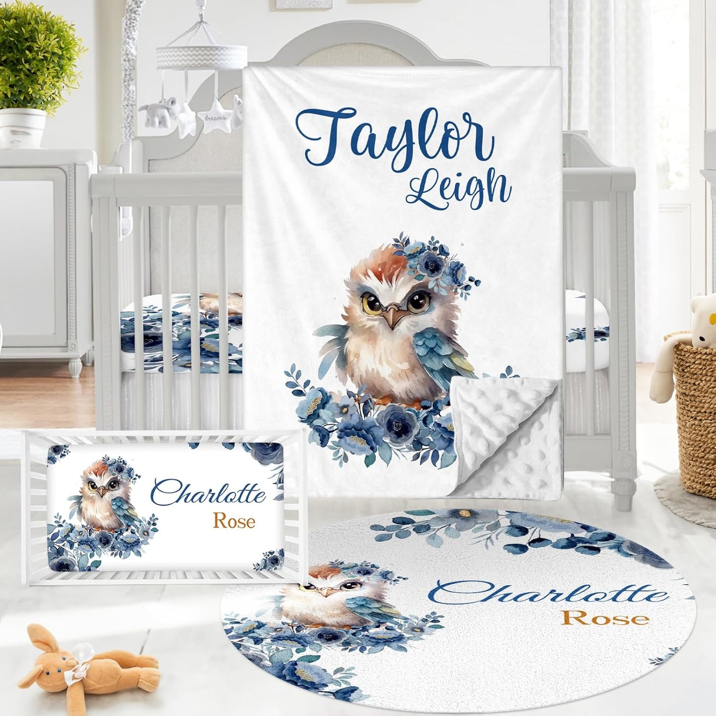 Personalized Baby Crib Bedding Set - Custom Name Owl Pattern 3 Pcs Set - Soft Blanket with Double Layer Dotted Backing, Fitted Sheet, Room Rug for Newborns Boys Girls Shower Gift