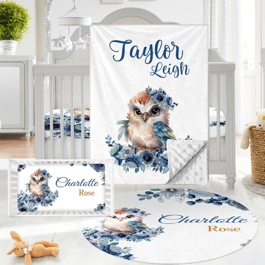 Personalized Baby Crib Bedding Set - Custom Name Owl Pattern 3 Pcs Set - Soft Blanket with Double Layer Dotted Backing, Fitted Sheet, Room Rug for Newborns Boys Girls Shower Gift