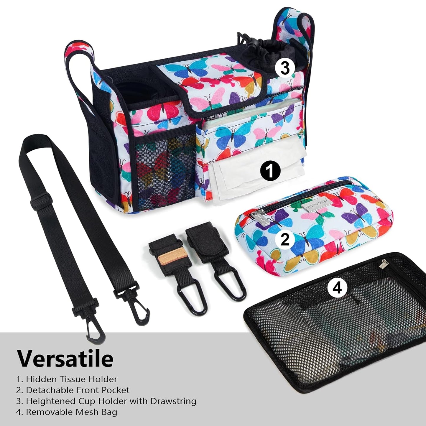 TOPDesign Universal Baby Stroller Organizer, Stroller Caddy with Detachable Mesh Bag & Heightened Insulated Cup Holders & Non-Slip Secure Hooks Accessories, Fits Most Strollers (Colorful Butterfly)