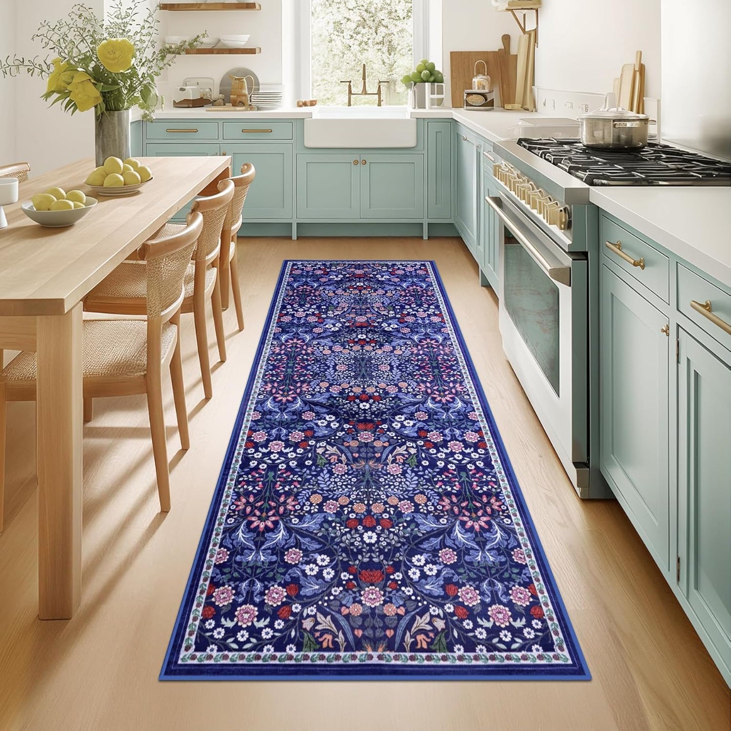 Runner Rug for Entryway: 2x6 Kitchen Rugs Non Slip Washable Ultra-Thin Soft Floral Carpet Indoor Floor Stain Resistant Carpets for Hallway Bedroom Kitchen Laundry Bathroom Dorm Blue