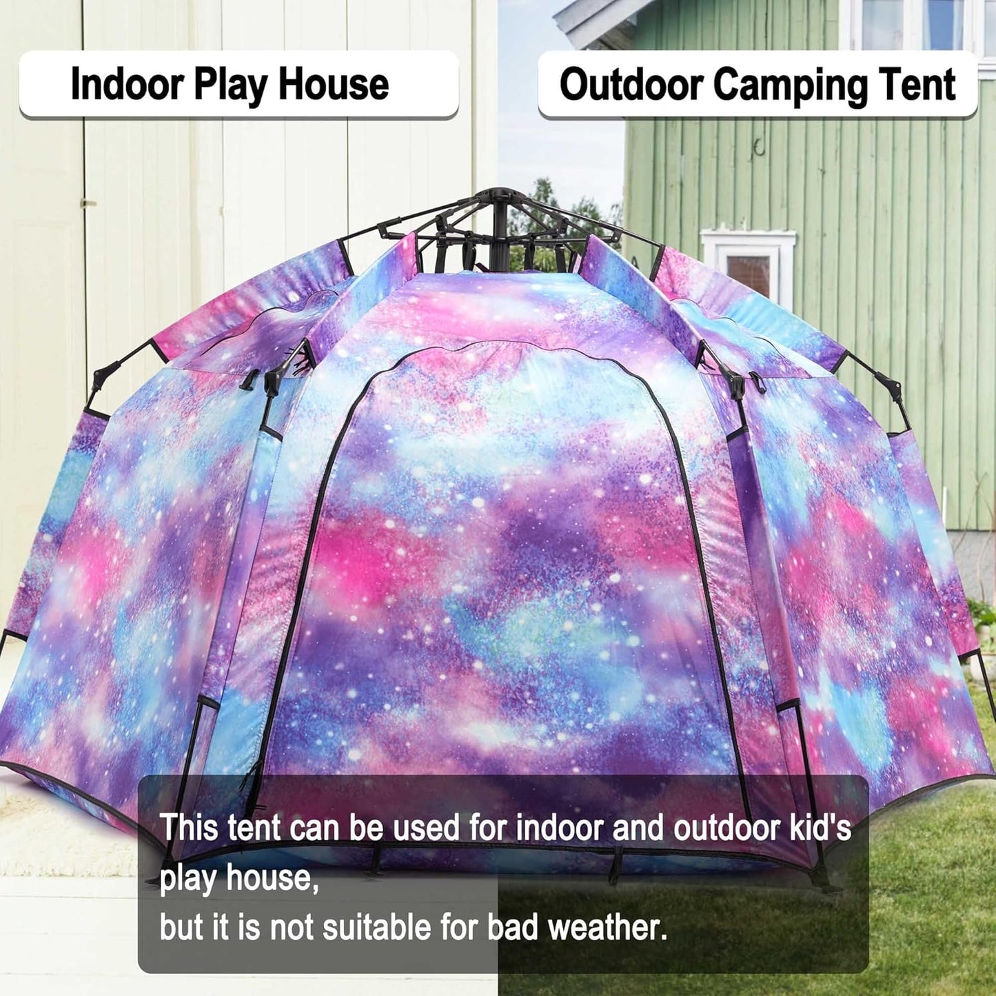 Portable Hexagon Kids Play Tent with LED Strip Lights Indoor Children Play House Easy Set-up Space Large Dream Tent for Night 4-5 Person & Birthday Gifts