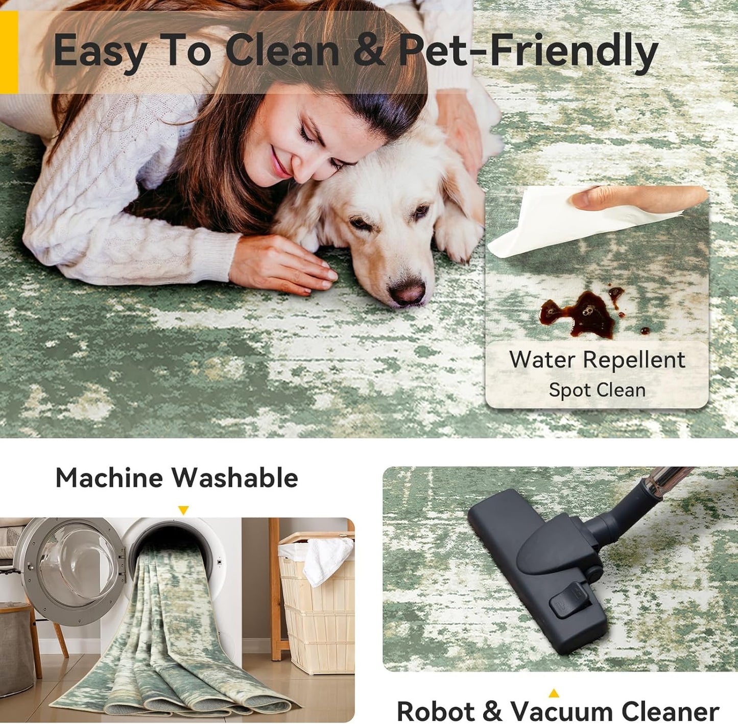 Washable Area Rugs 5'x7' Non-Slip Modern Abstract Soft for Living Room Entryway Bedroom Nursery, Print Pattern, Light Green/Yellow