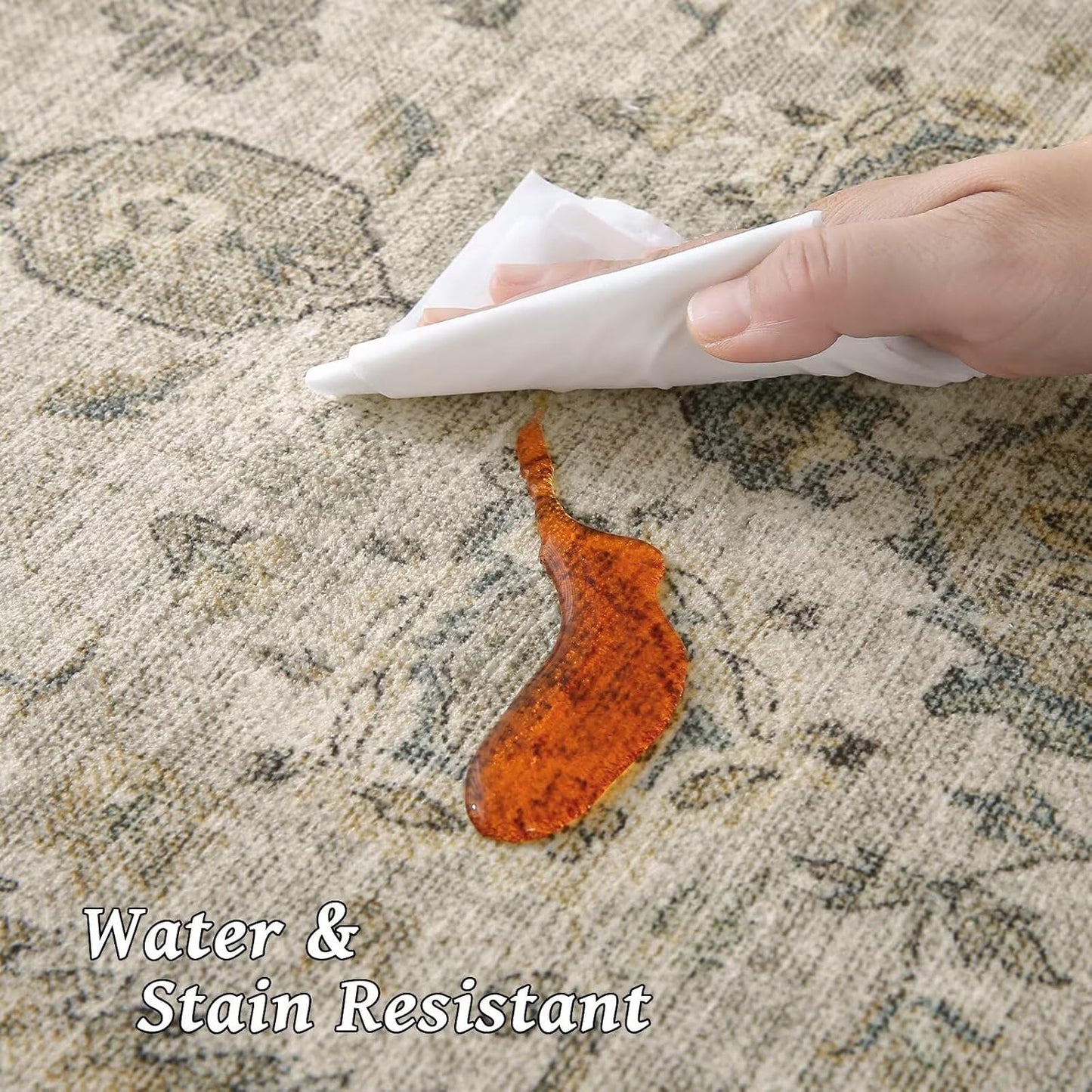 Washable 9x12 Area Rugs for Living Room, Boho Non-Slip Silicone Backing Rugs for Bedroom Dining Room Nursery Office, 0.3" Neutral Oriental Throw Carpet with 0.16" Cushioning Pad, Light Brown/Multi