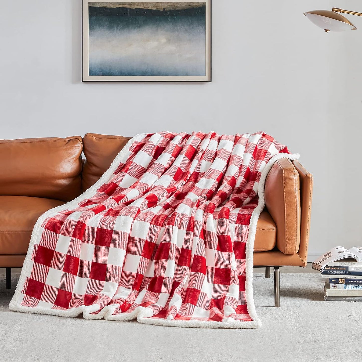 Touchat Sherpa Red and White Buffalo Plaid Christmas Twin Blanket 60" X 70", Fuzzy Fluffy Soft Cozy Blankets, Fleece Flannel Plush Microfiber Throw for Couch Bed Sofa (Red and White)