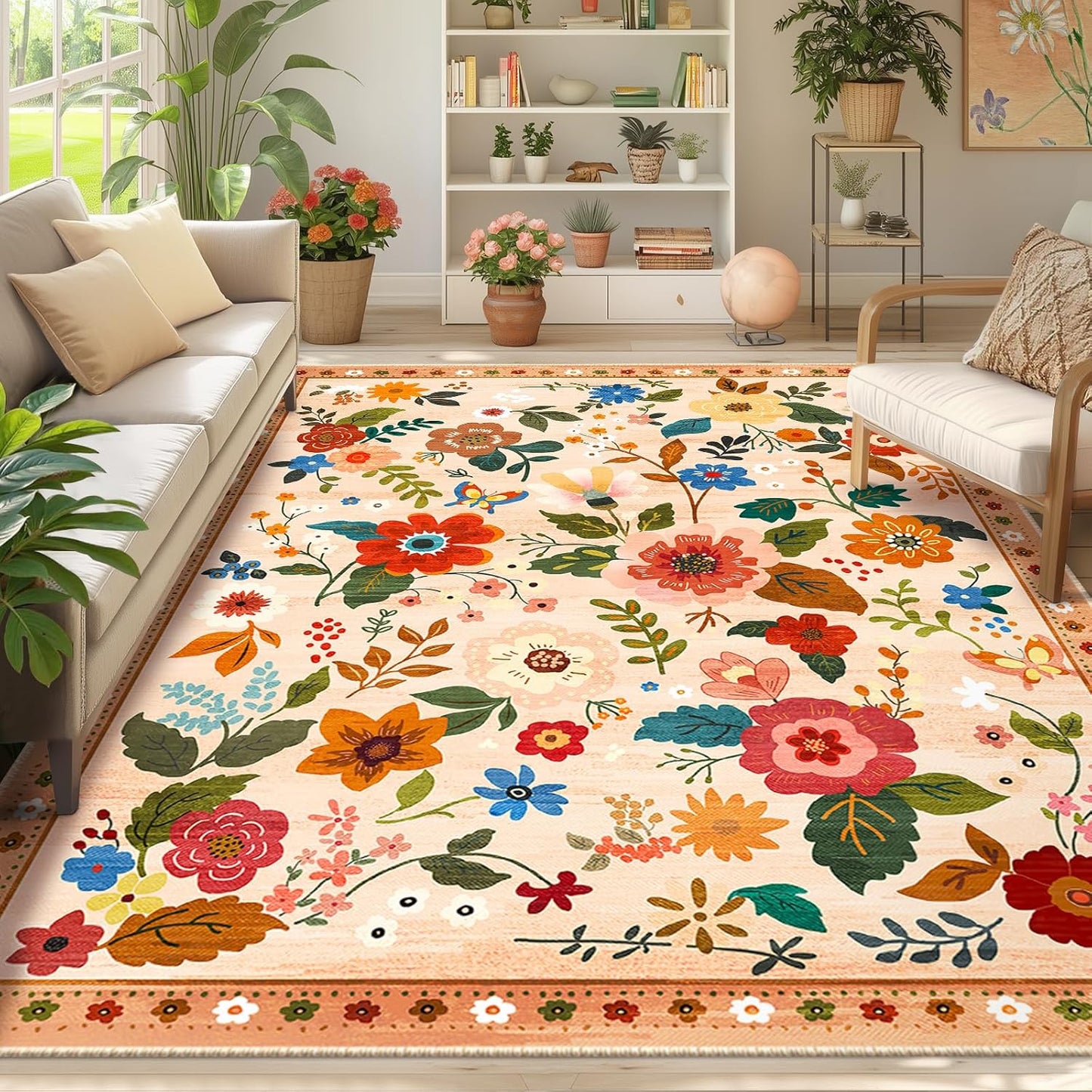 Floral 9x12 Area Rug Machine Washable Soft Print Boho Carpet Non Slip Doormat Low Pile Flower Area Rugs for Living Room Bedroom Nursery Kitchen Dining Room Indoor-Light Orange