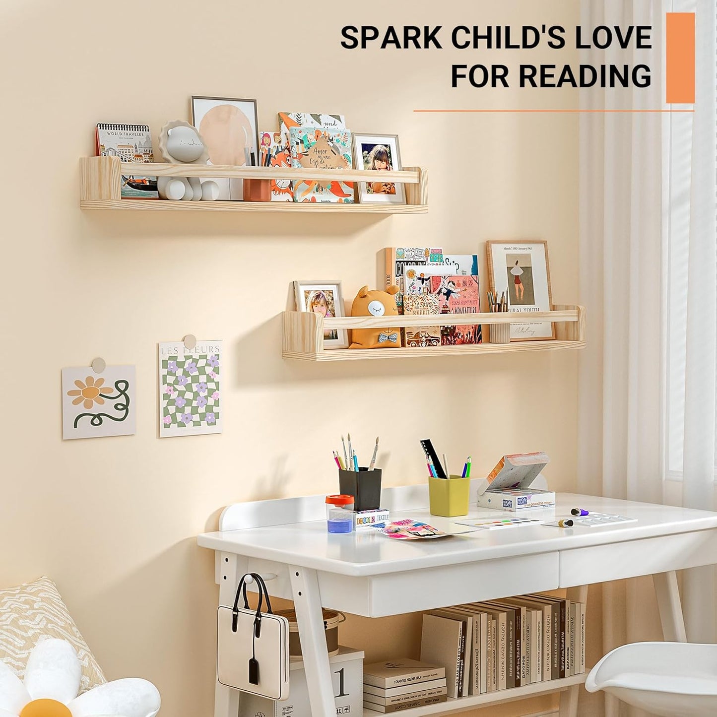 Heimlove 32 Inch Nursery Floating Shelves, Wood Nursery Book Shelves for Wall, Wall Bookshelf for Kids Solid Wood Wall Mounted Shelves for Books,Toys and Decor Storage, Set of 2