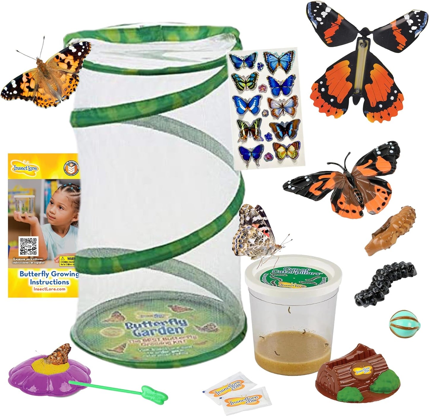 Insect Lore Butterfly Garden - 8" Habitat with 5 Live Baby Caterpillars - Includes Life Cycle Figurines, Stickers, Wind up, Mini Habitat | Birthday or Teacher Gift Set
