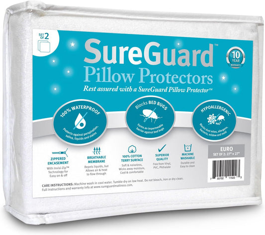 Set of 2 Euro Size SureGuard Pillow Protectors - 100% Waterproof, Bed Bug Proof, Hypoallergenic - Premium Zippered Cotton Terry Covers