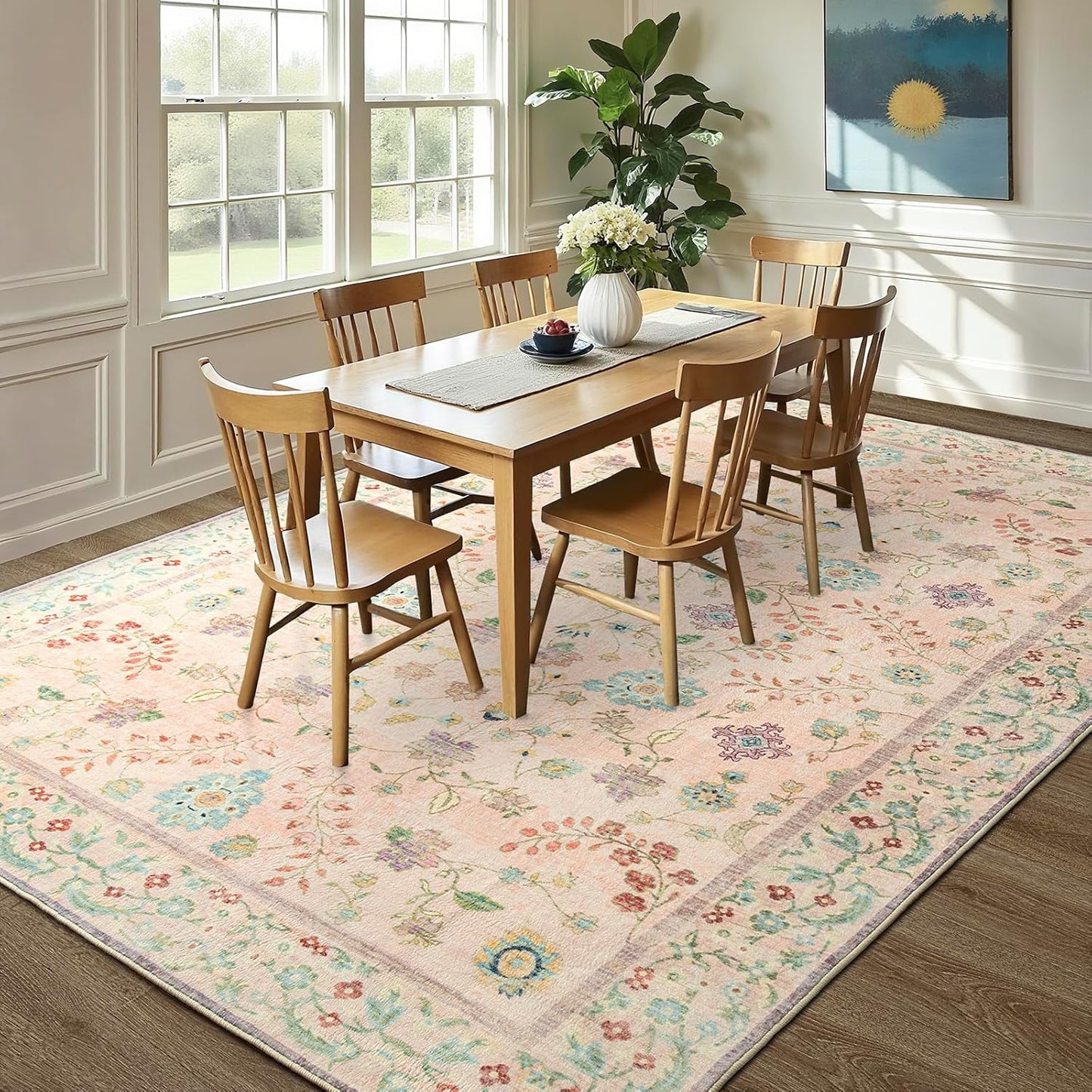 LOCHAS Washable Area Rugs 6x9, Pink Floral Rug for Living Room Bedroom Non Slip, Ultra Soft Vintage Indoor Carpet for Kids, Nursery, Dorm, Dining Room, Classroom, Boho Flower Home Decor, Low-Pile