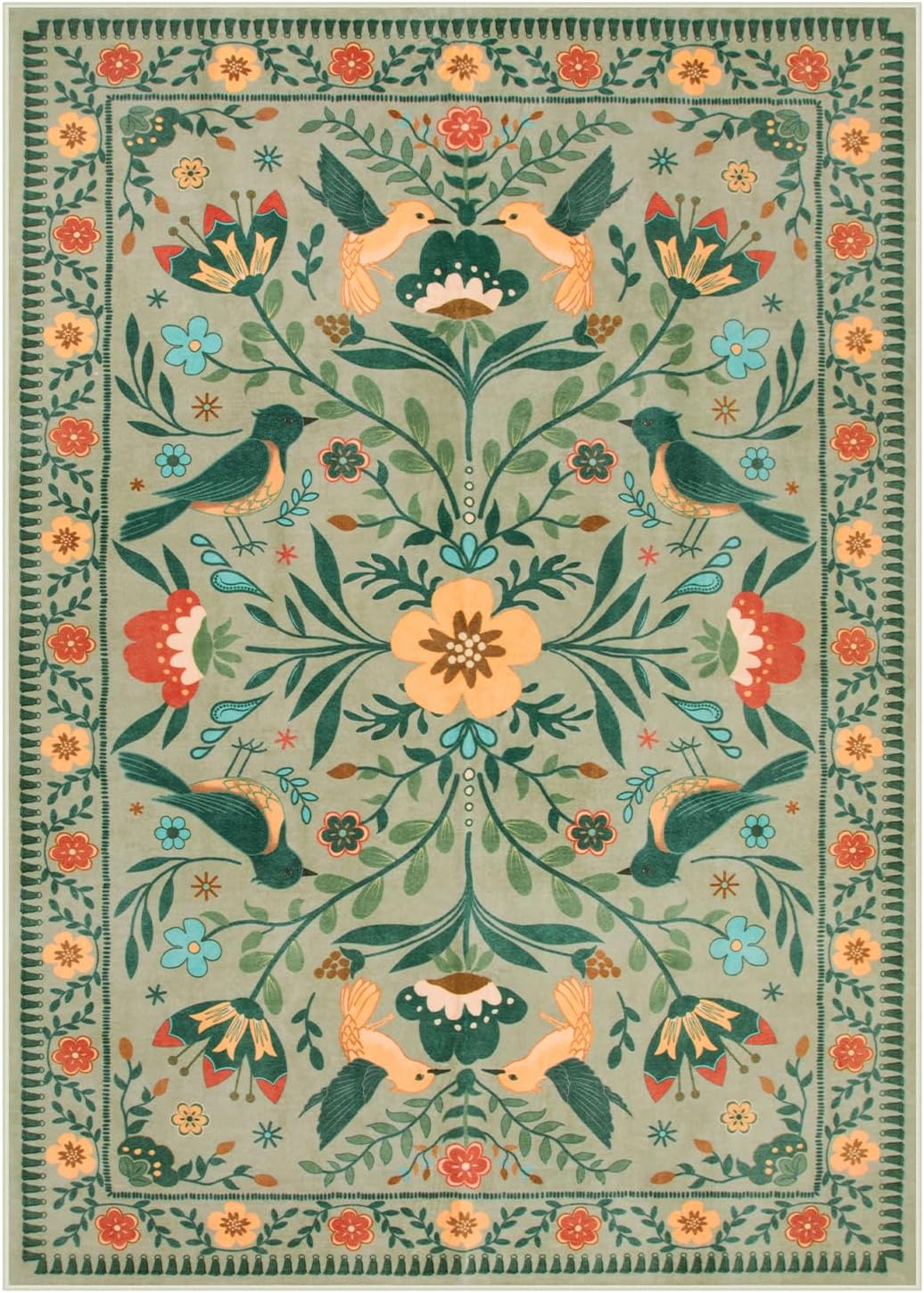 Moynesa Boho Area Rugs 5x7, Ultra Thin Soft Washable Rugs for Living Room Bedroom Non Slip, Stain Resistant, Indoor Bird Patterned Sage Green Large Carpet for Kitchen Entryway Office