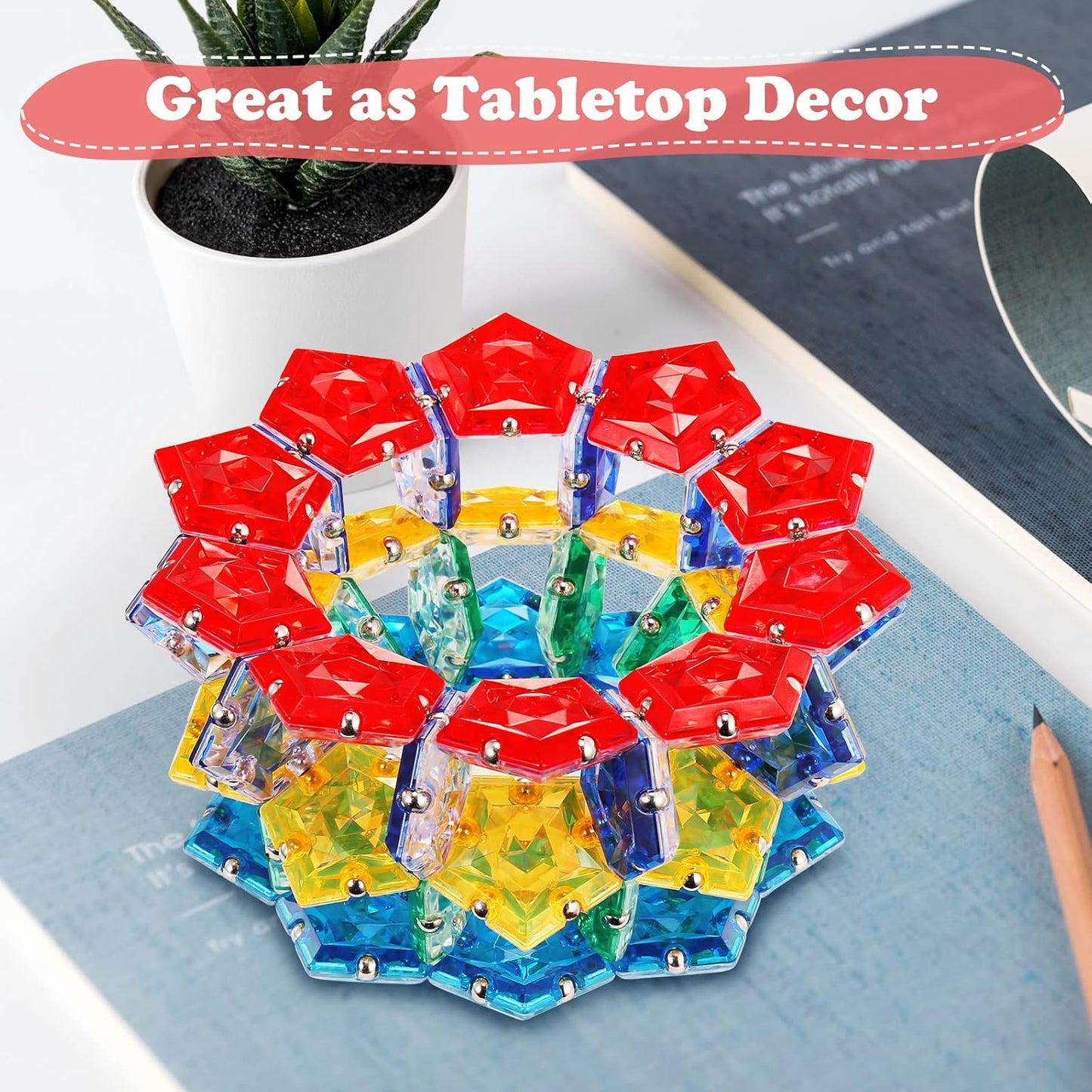 RoomyRoc Magnetic Fidget Sphere - Pentagons Magnets Balls - 12 Piece Set - Crystal Red - Magnet Fidgets Toy - Creativity Beyond Imagination, Inspirational, Recreational, Desk Toys for Adults