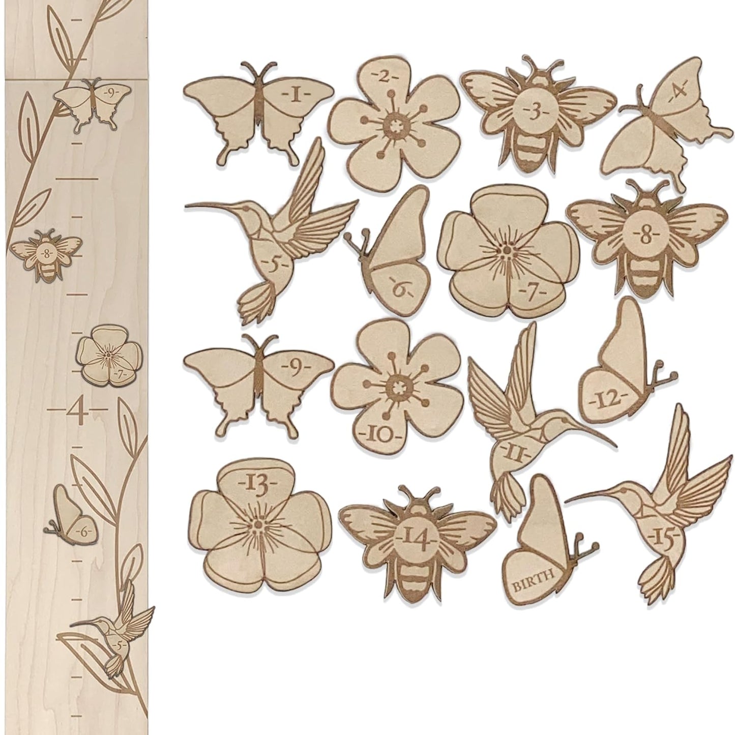 Wooden Growth Chart Markers for Kids Height Measurement, Woodland Shapes.