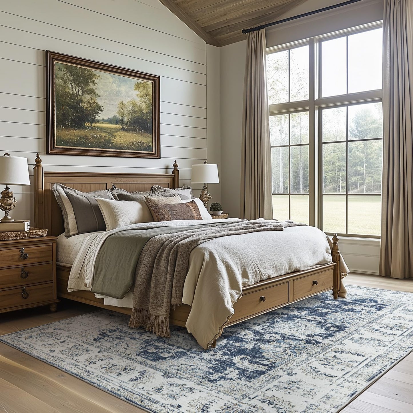 jinchan 9x12 Area Rugs for Living Room - Machine Washable Vintage Floral Distressed Design Stain Resistant Carpet Low Pile Non-Slip Large Rug for Bedroom Dining Room Home Office (9‘x12',Dark Blue)