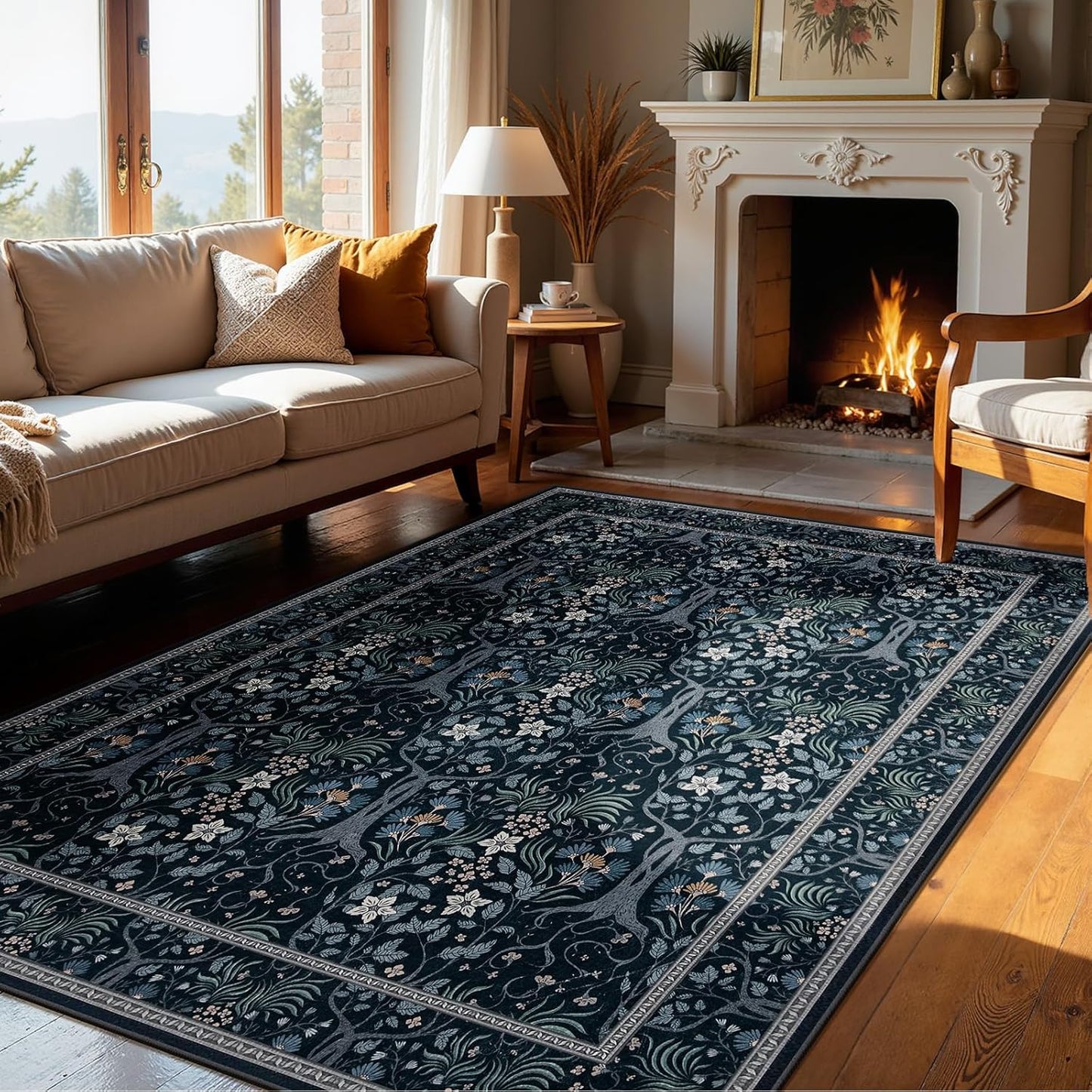 Joydeco Machine Washable Area Rugs 5x7, Boho Floral Rug for Bedroom Non Slip, Soft Forest Botanical Low-Pile Floor Indoor Throw Carpet for Living Dining Room Dorm Office, Blue-Black