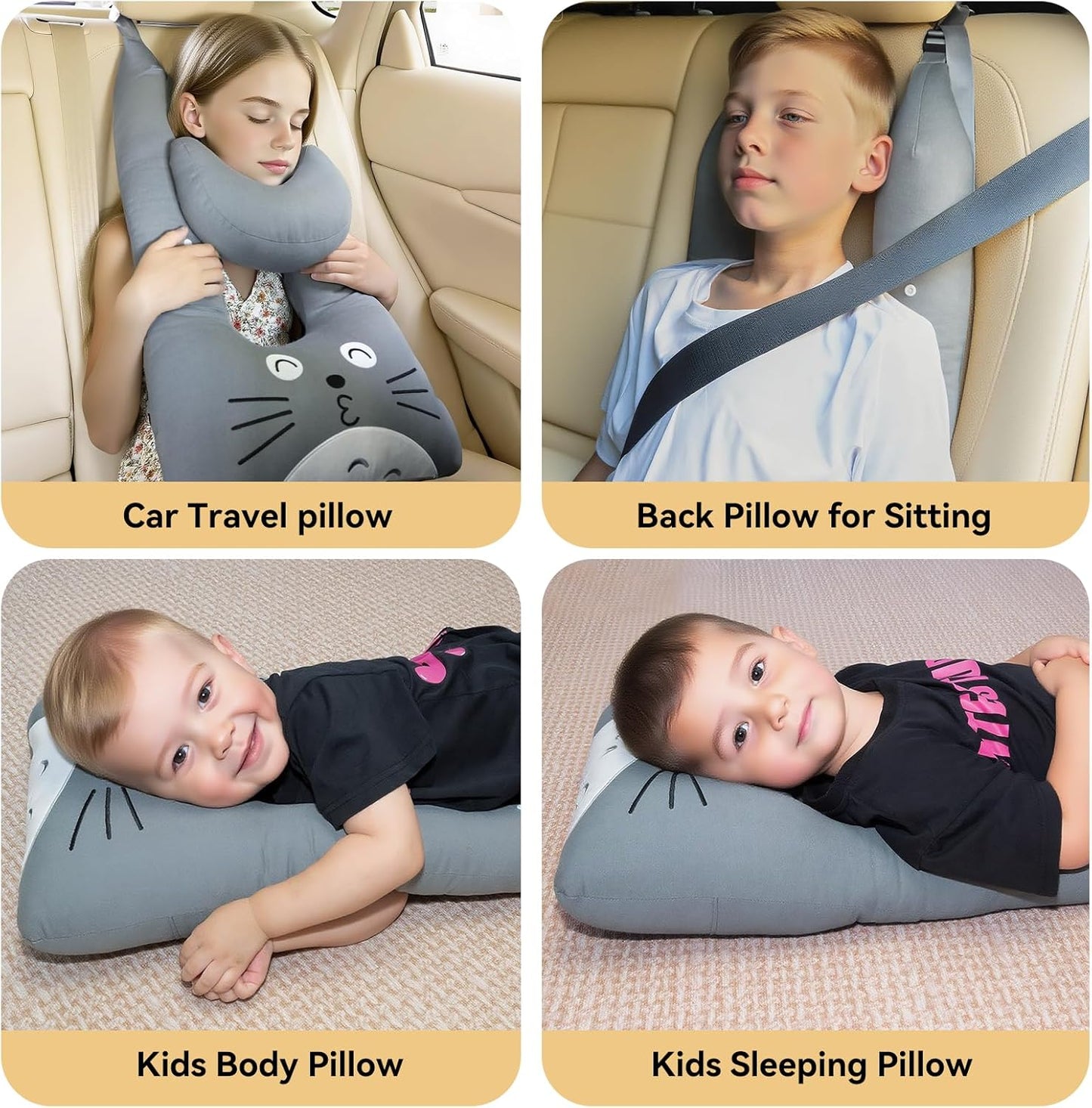 Travel Pillow,Car Pillow Kids Travel Pillow Car seat Pillow U Shaped Pillow for Travel Skin-Friendly Material The Sleeping Aid for Adults and Kids on Road Trips (Gray)