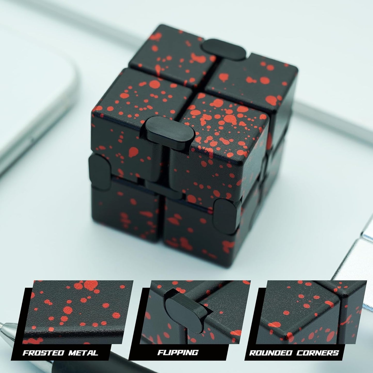 Infinity Cube Fidget Toy, Metal Anxiety Relief Toys Fidget Cube for Adults, ADHD Desk Toys for Kids Boys Girls for Stocking Stuffers, Easter Basket Stuffers (Black Red)