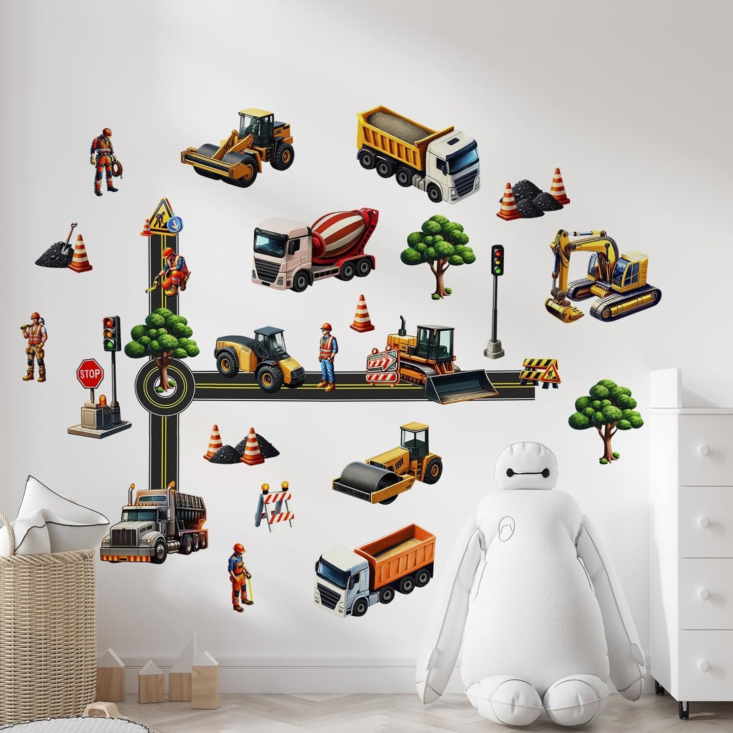 Construction Car Wall Decals for Boys by Lipastick - Road, Trucks, Tractors, Excavators Wall Stickers for Kids Bedroom, Nursery, Playroom - Peel and Stick Transport Themed Wall Decals - M Size