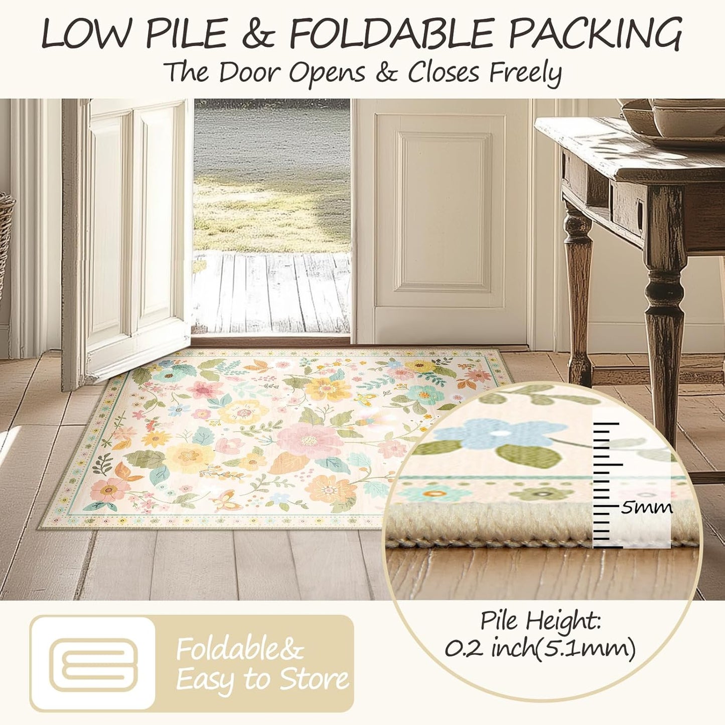 Floral 4x6 Area Rug Machine Washable Soft Print Boho Carpet Non Slip Doormat Low Pile Flower Area Rugs for Living Room Bedroom Nursery Kitchen Dining Room Indoor-Beige/White/Orange