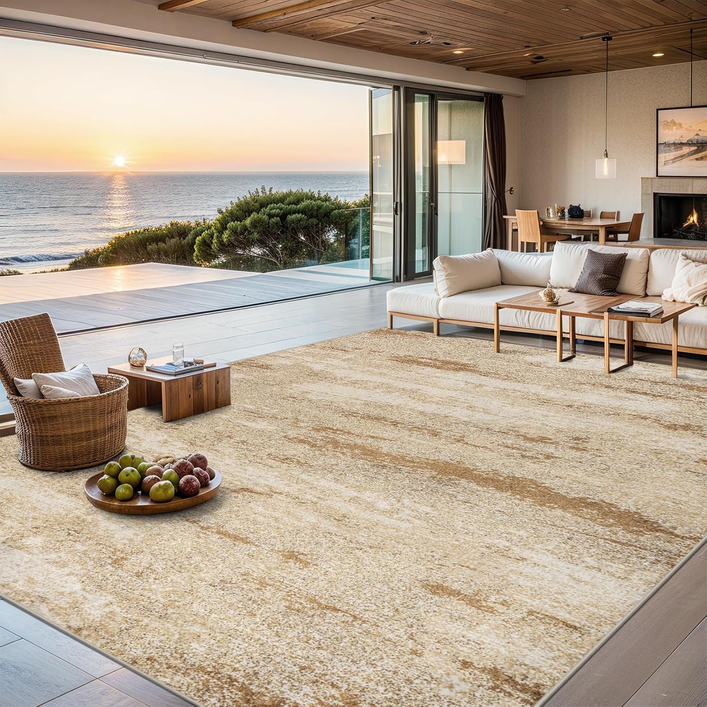 Area Rugs 9x12 Living Room - Washable Rug Modern Abstract Soft Large Neutral Non-Slip Carpet Indoor Floor Stain Resistant Thin Carpets for Bedroom Dining Room Farmhouse Nursery Home Office Beige