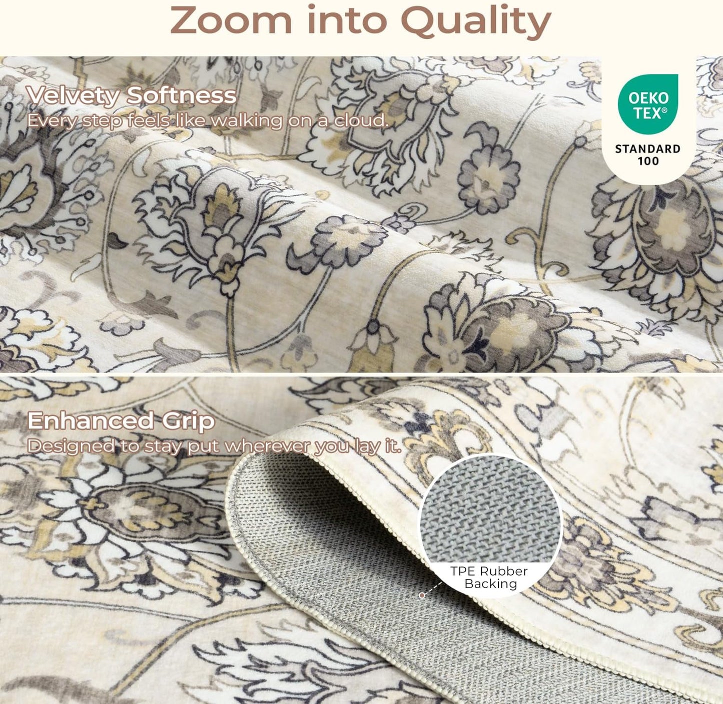 Floral 8x10 Area Rugs for Living Room, Washable Large Bedroom Rug, Soft Non Slip Carpet, Stain Resistant Low Pile Carpets for Indoor Under Table Dining Home Office Nursery, Beige