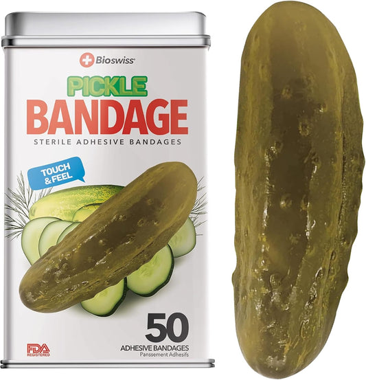 BioSwiss Bandages, Pickle Shaped Self Adhesive Bandage, Latex Free Sterile Wound Care, Fun First Aid Kit Supplies for Kids, 50 Count