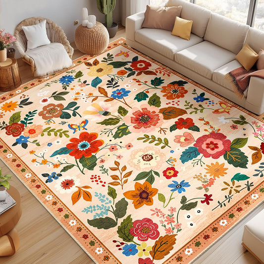 Floral 8x10 Area Rug Machine Washable Soft Print Boho Carpet Non Slip Doormat Low Pile Flower Area Rugs for Living Room Bedroom Nursery Kitchen Dining Room Indoor-Light Orange