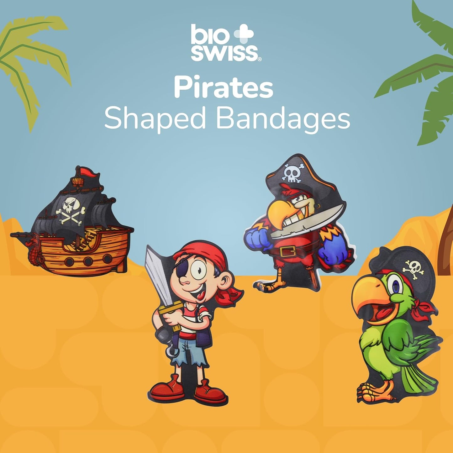 BioSwiss Bandages, Pirate Shaped Self Adhesive Bandage, Latex Free Sterile Wound Care, Fun First Aid Kit Supplies for Kids and Adults, 50 Count