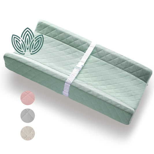Organic Cotton Contoured Baby Changing Pad w/Waterproof Foam Mattress, Includes Soft, Removable & Washable Cover, Safety Strap, Non-Slip Bottom, Topper for Standard Size Infant Diaper Table & Dresser