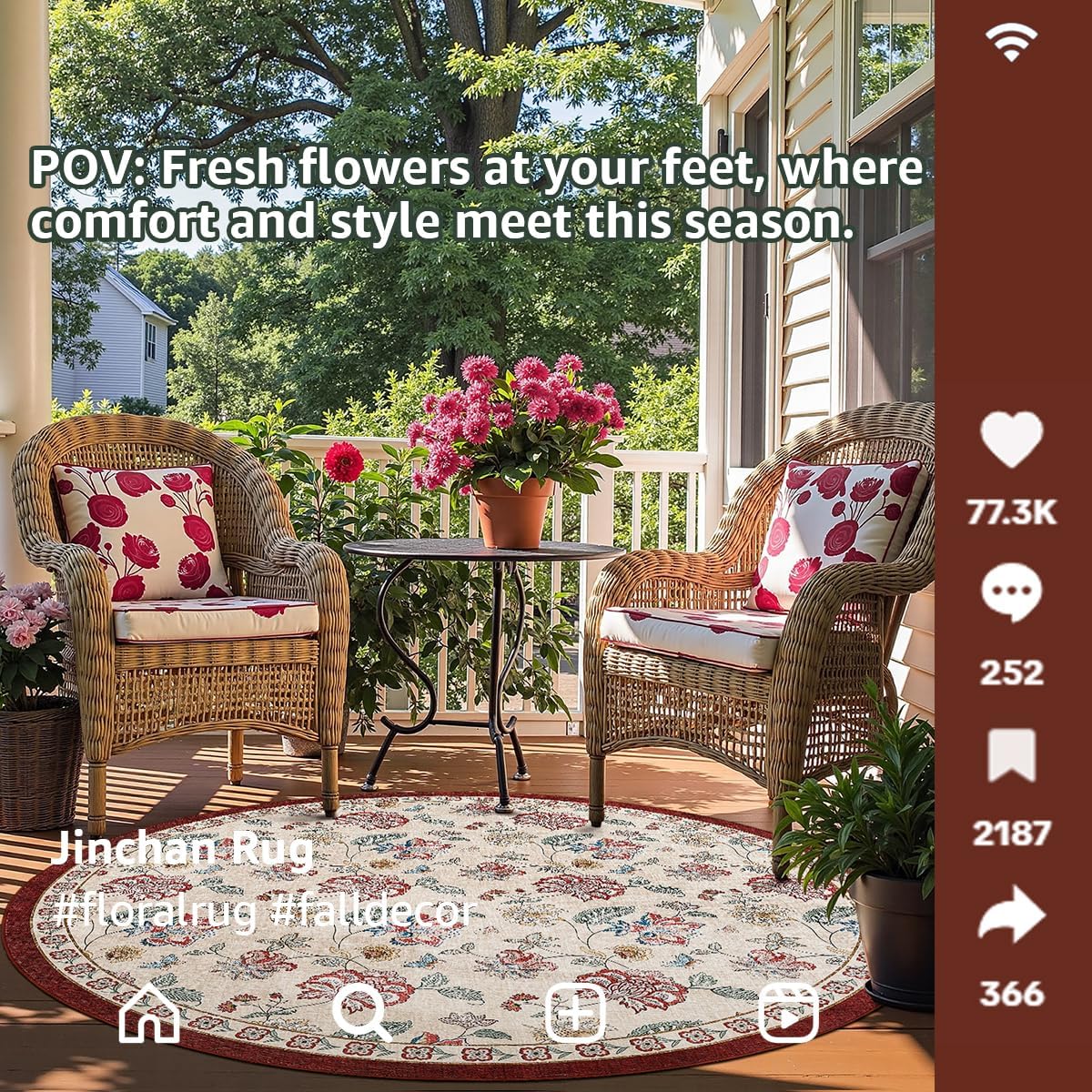 jinchan 5ft Floral Round Rug for Entryway Washable Kitchen Rug Vintage Romance Design Non Slip Indoor Doormat Lightweight Low-Profile Throw Carpet for Living Room Dining Room Bedroom, Red/Beige