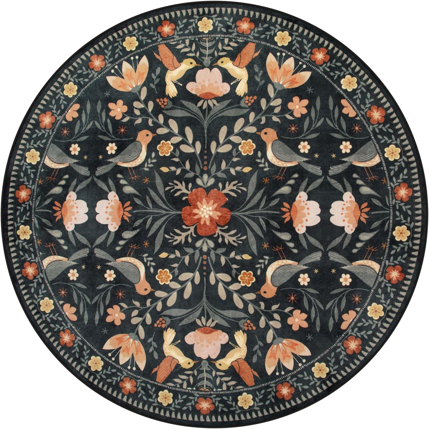 Moynesa Washable Round Rug 6ft, Ultra Thin Circle Living Room Area Rug Non Slip, Low Pile Soft Indoor Boho Bird 6'x6' Black Large Throw Carpet for Dining Room Under Table Office Bedroom