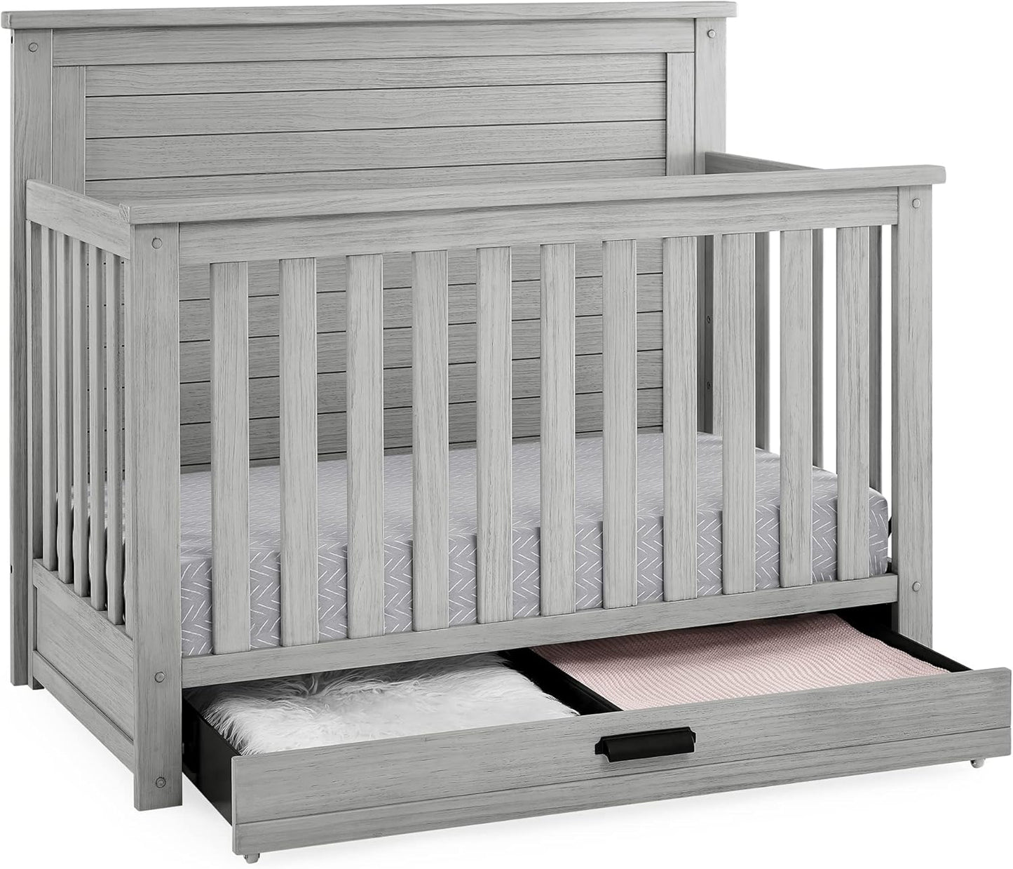 Delta Children Simmons Kids Caden 6-in-1 Convertible Crib with Trundle Drawer, Greenguard Gold Certified, Rustic Mist