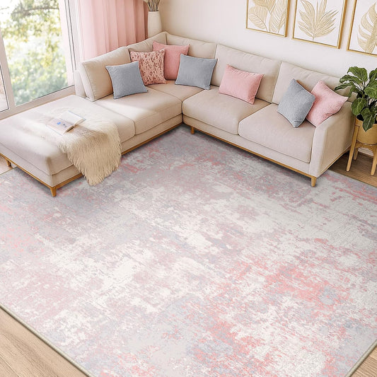 Washable Area Rugs 9'x12' Non-Slip Modern Abstract Soft for Living Room Entryway Bedroom Nursery, Print Pattern, Grey Pink