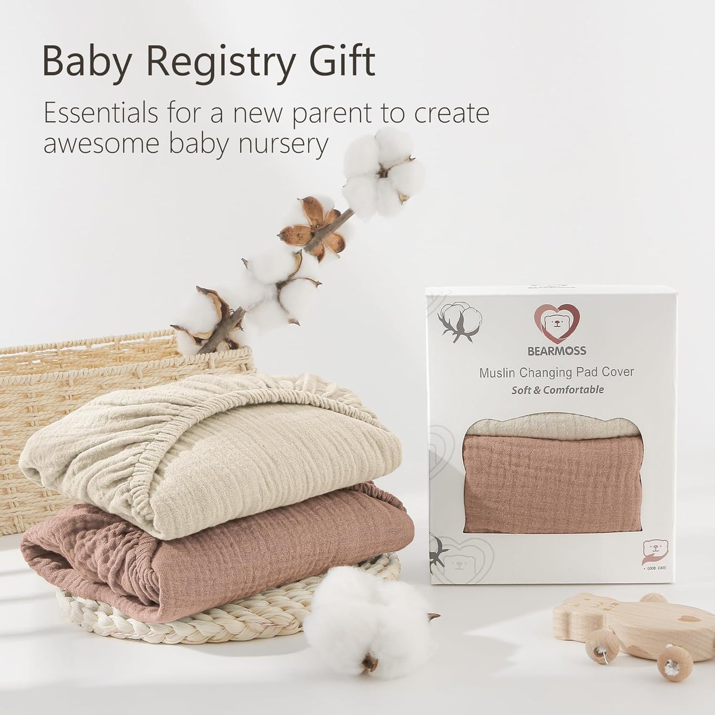 Bearmoss Changing Pad Cover, 2 Pack Muslin [100% Cotton] Diaper Changing Table Covers, 32'' x 16'' Soft Breathable Changing Pad Sheets for Unisex Baby Girls and Boys with Strap Holes (Peanut)